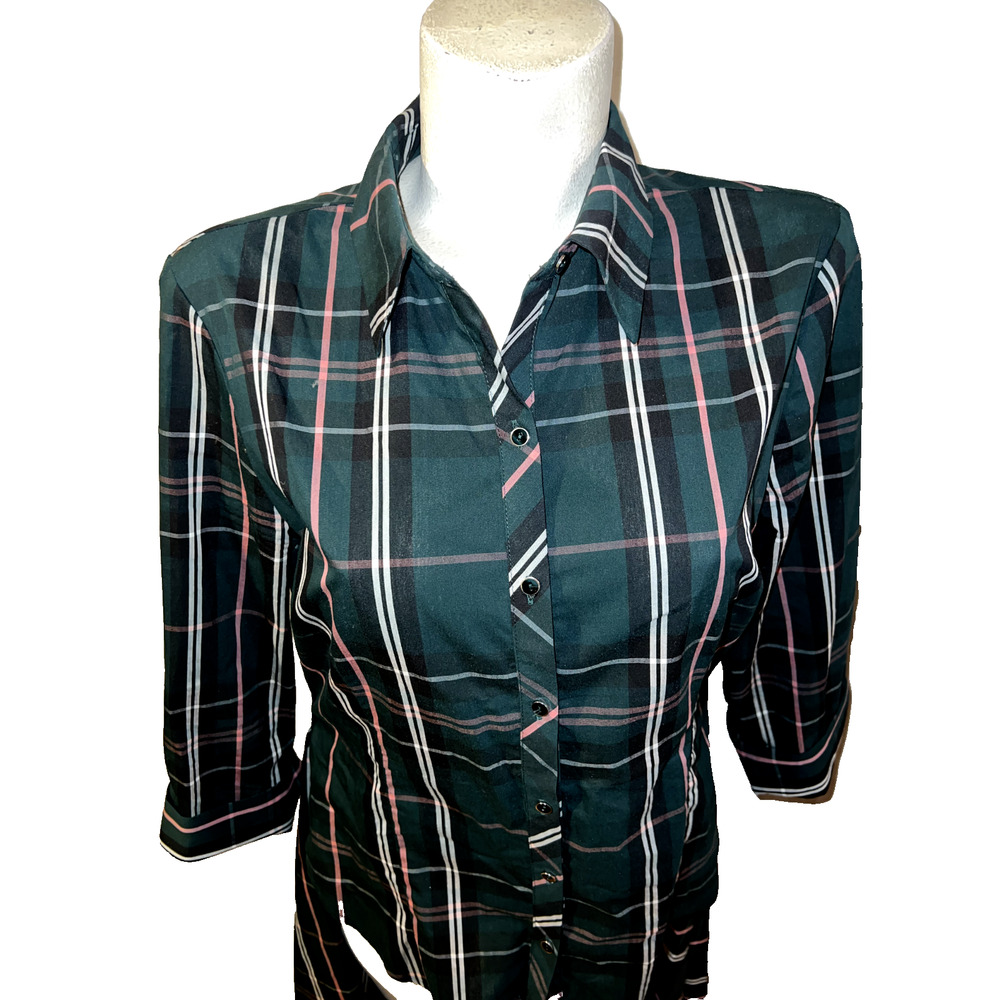 NEW YORK & COMPANY 7th Avenue Design Studio Plaid Button Long Drape Tail Shirt L - Picture 3 of 8